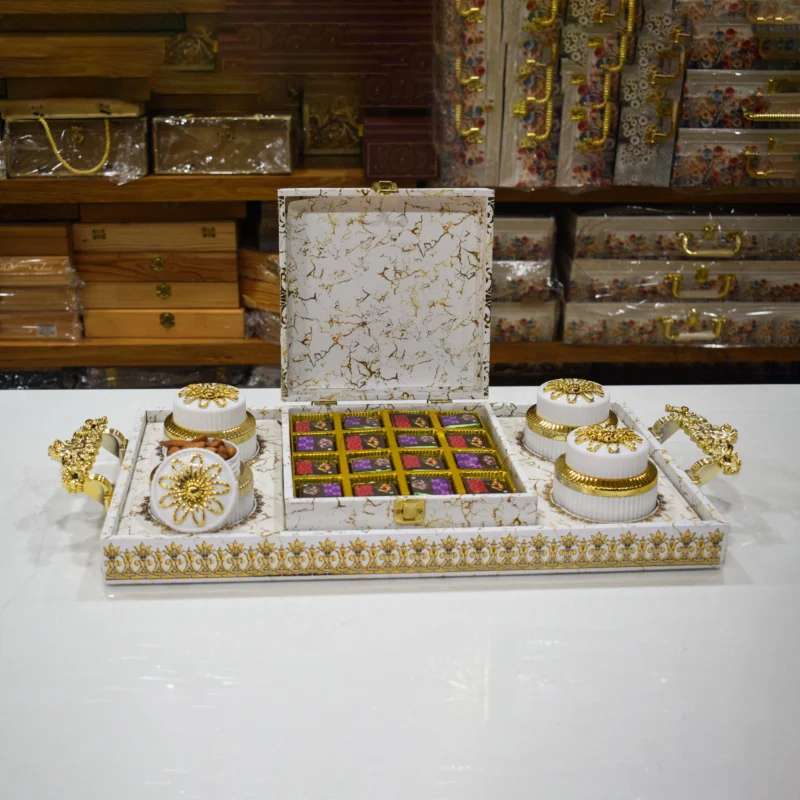 Premium Dry Fruit & Chocolate Gift Box with Flavored Cashews – Four Jars in Ornate Gold-Accented Box