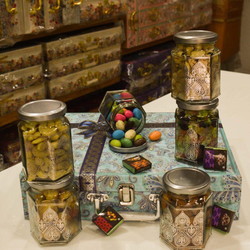 Luxury Dry Fruit & Chocolate Gift Hamper – Six Jars in Ornate Silver-Patterned Box