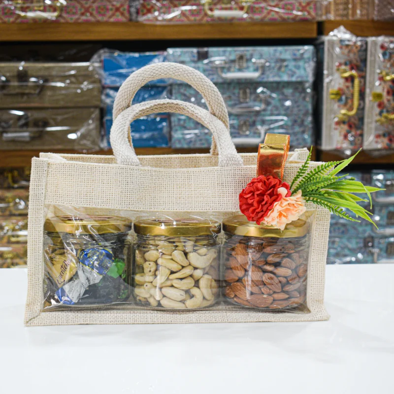 Premium 3-Jar Dry Fruit & Chocolate Gift Hamper – Reusable Jute Bag (200g Each Jar)
